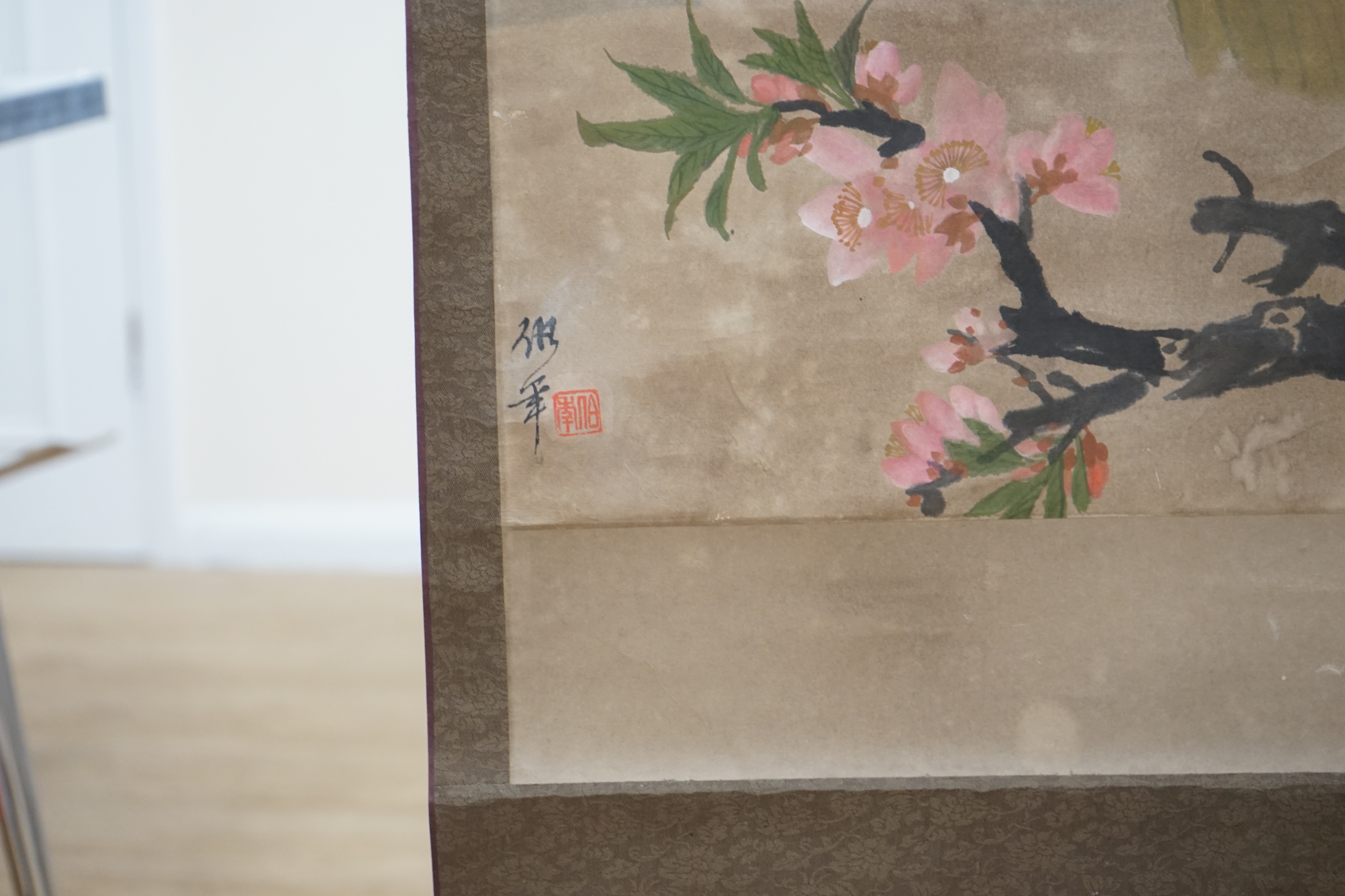 Style of Ren Yi Rei Bonian, a scroll painting of ducks. Condition - fair, some general creasing and staining